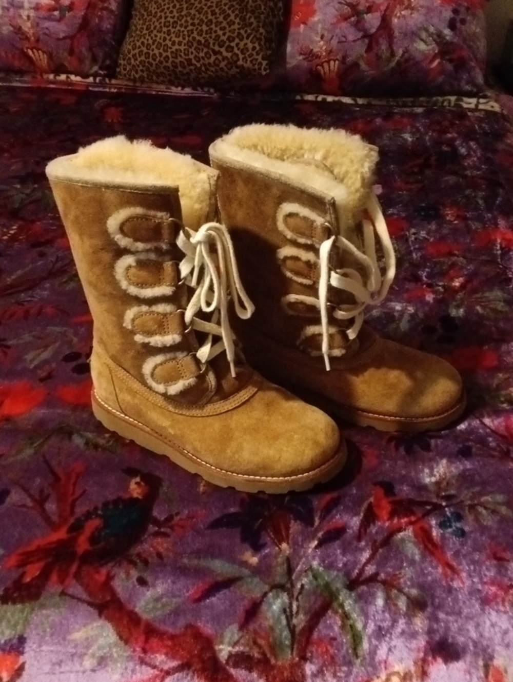 UGG Women's Lace-Up Suede Winter Boots in Tan with Shearling Trim